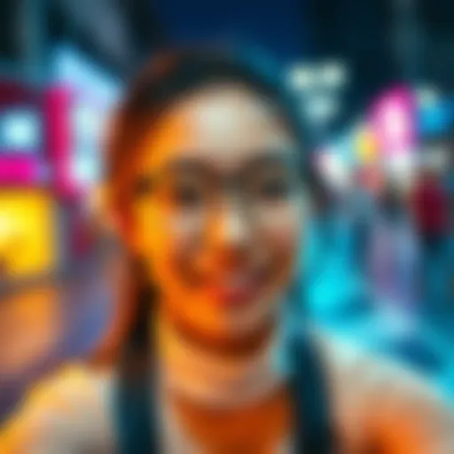 A person using the Meitu app to create a colorful 2D digital art representation of themselves.