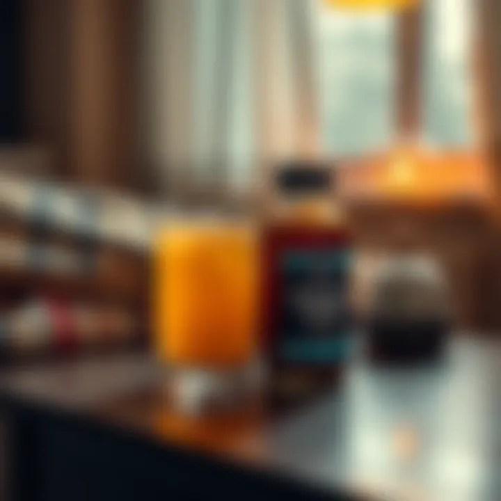 Melatonin and Juice for Dreaming A glass of apple cider next to a bottle of melatonin tablets on a cozy nightstand, reflecting a dreamy atmosphere.