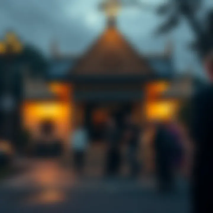 A solemn scene outside Dhamma Sarana temple with community members expressing concern after the monk's conviction.