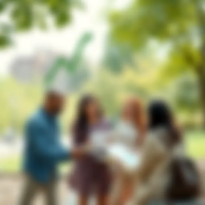 A group of Melennials discussing retirement plans with charts and eco-friendly symbols in a park setting.