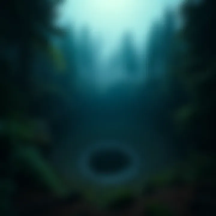 A deep, dark pit with trees surrounding it, representing Mel's Hole legend in Washington.