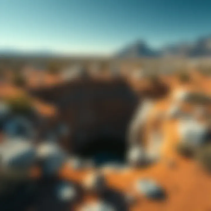 Mel's 2nd Hole in Nevada A deep hole in Nevada surrounded by rocks and desert vegetation, with strange objects scattered around.