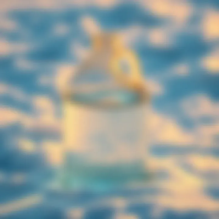 A clear gallon jug filled with water from melted snow, sitting on a snowy background