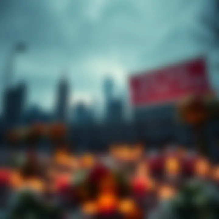 A somber memorial display featuring flowers and candles for Dick Cheney, surrounded by images of Flight 2976 and New York City highlights, including a banner celebrating the new Muslim mayor.