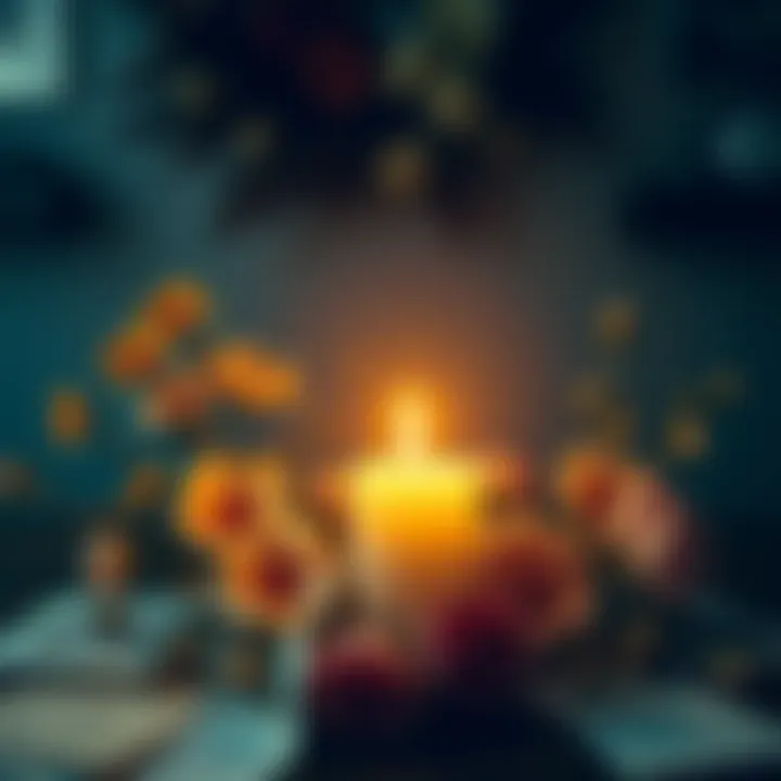 A lit candle surrounded by flowers and personal notes in remembrance of Patricia Crowther