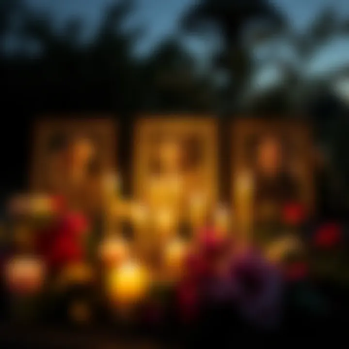 A candlelight vigil held in memory of three renowned UFO researchers, with candles illuminating their photos and flowers placed around