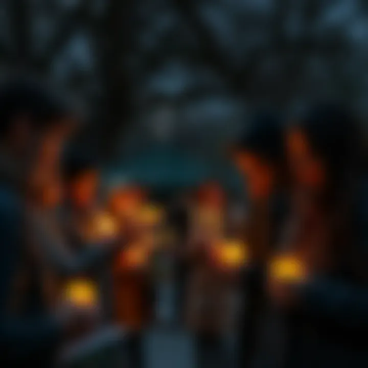 A group of people gathered in a park, holding candles in memory of those who died young in accidents, looking somber and reflective.