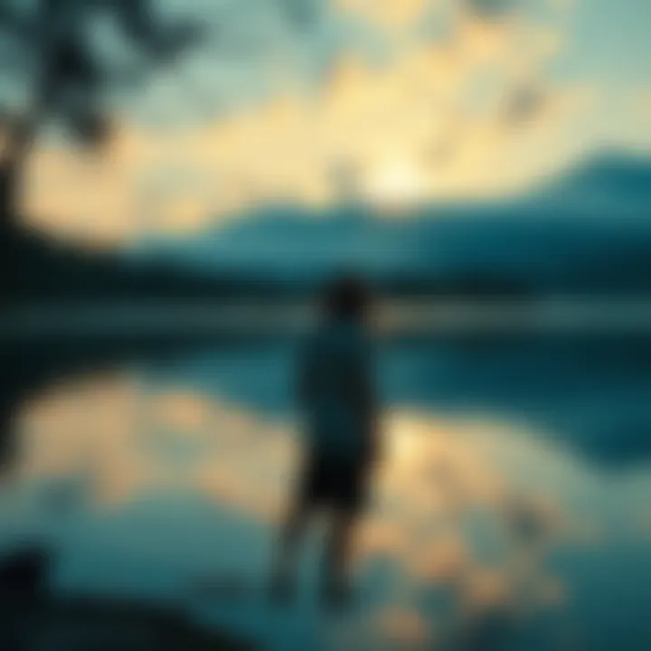A serene scene showing a person sitting by a lake, gazing at their reflection in the water, surrounded by nature, symbolizing connections to past loved ones and emotions.