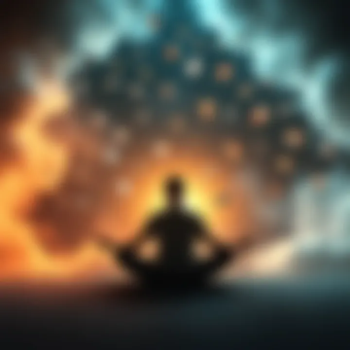 A serene scene depicting a figure in meditation, surrounded by soft light and floating memories, symbolizing thoughts of the afterlife.