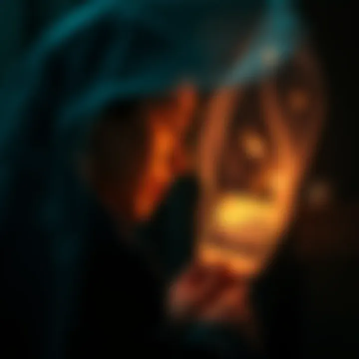 A person looking thoughtfully at an old photograph while surrounded by a soft glow, symbolizing memories of past lives.
