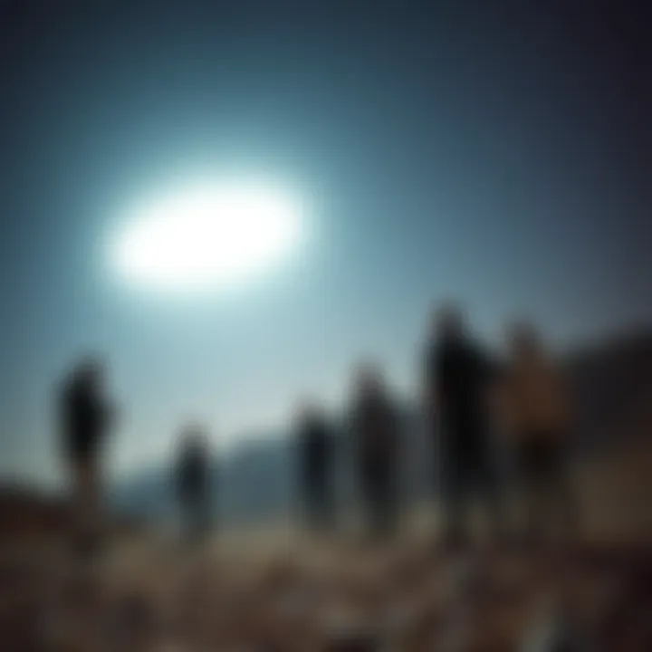 Several men stand near a bright, flickering object in the night sky, startled and retreating from it in Al-Zulail, Jordan.