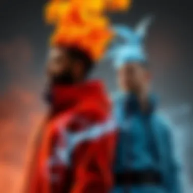 Two men standing side by side, one with fiery red clothing symbolizing fire attributes and the other in airy blue attire representing air traits, both looking thoughtful and engaged in a discussion.