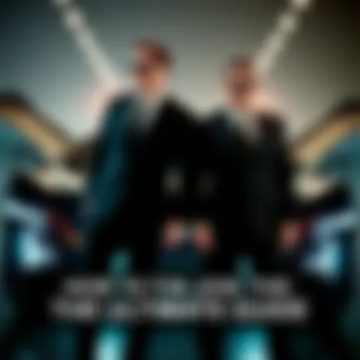 Two agents in black suits and sunglasses stand in front of a futuristic car, ready for a mission.