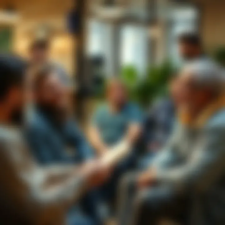 Group of men sitting together, discussing their life experiences and sharing personal stories in a casual setting.
