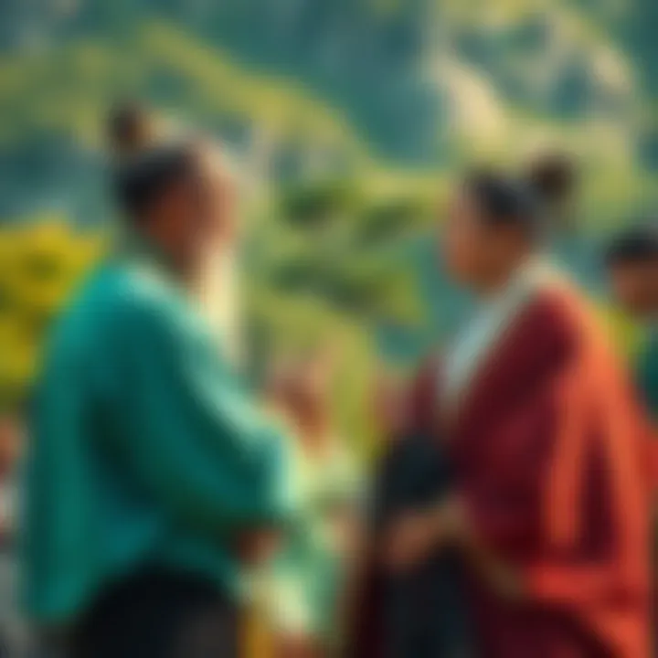 Mencius engaging in a thoughtful conversation about Qi with a group of people, with nature in the background.