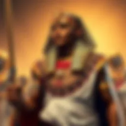 Menes wearing traditional Egyptian attire while uniting Upper and Lower Egypt, holding the insignia of pharaoh.