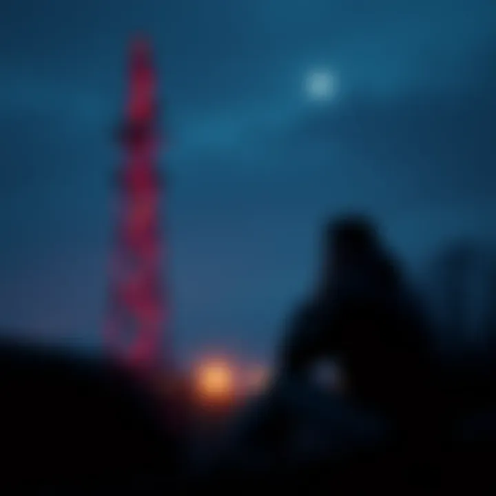 A person sitting alone, looking pensive with a 5G tower in the background and hints of a pandemic atmosphere around them.