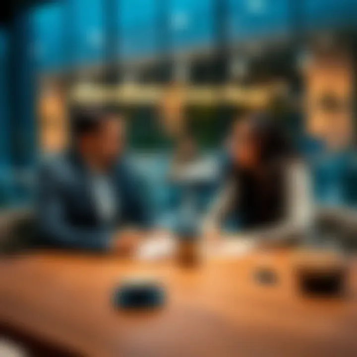 A mentor and mentee sit together at a table, discussing goals and strategies for personal growth, with a notebook and coffee in front of them.