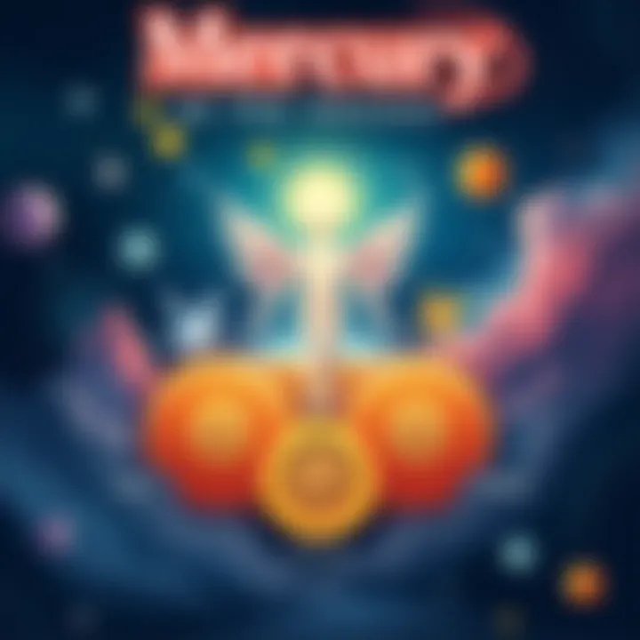 Mercury in Astrological Houses An illustration showing Mercury's influence in each astrological house, highlighting benefits like creativity and quick thinking, and challenges like overthinking.