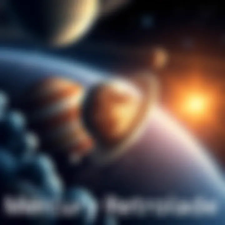 An illustration showing Mercury retrograde with planets and stars in the background, symbolizing its impact on relationships and decisions.