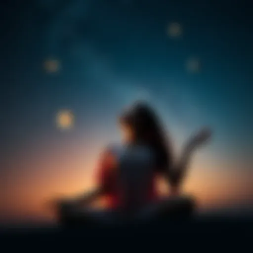 A woman meditating under a starry sky, surrounded by calming energy and bright planets representing Mercury retrograde.