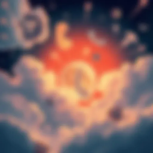 A celestial scene showing Mercury with retrograde motion arrows, surrounded by clouds and symbols of communication, like speech bubbles and broken phones.
