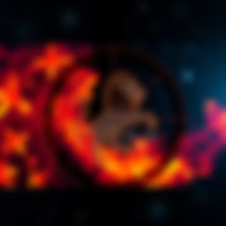 Astrological chart showing Mercury retrograde in the Leo symbol with stars and a fiery background