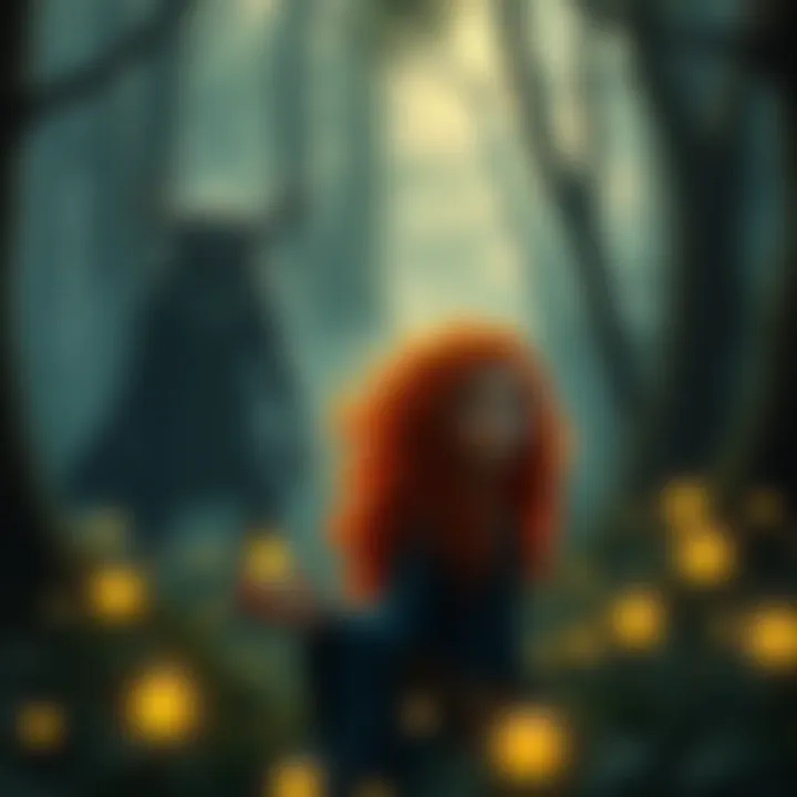 A scene showing Merida from Brave, surrounded by glowing Wisps and the shadowy figure of Mor'du in a mystical forest.