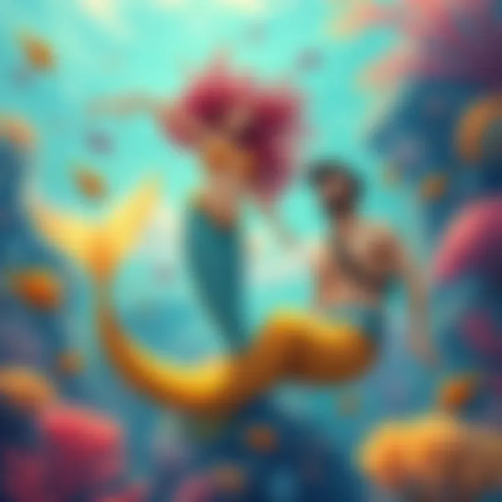 A vibrant illustration of a mermaid and a merman swimming in the ocean, surrounded by colorful sea life and coral reefs, showcasing their enchanting beauty.