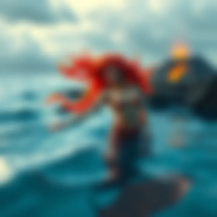 Mermaid with Fiery Hair A beautiful mermaid with fiery hair and gold jewelry, swimming in blue waters near a volcano.