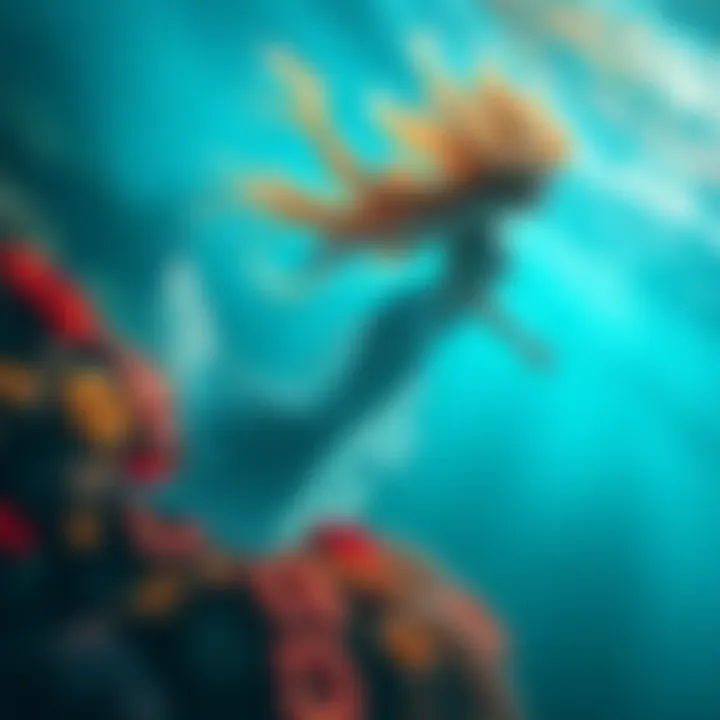 A mermaid with long flowing hair swims gracefully above colorful coral in a bright blue ocean.