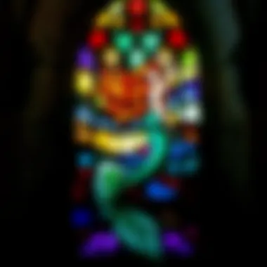A colorful stained glass window depicting a mermaid with flowing hair and a fish tail inside an old English church