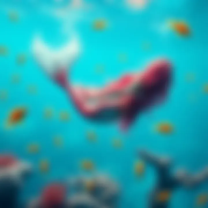 A mermaid with long flowing hair swimming gracefully in a clear blue ocean, surrounded by colorful fish and coral, captivating onlookers with her beauty.
