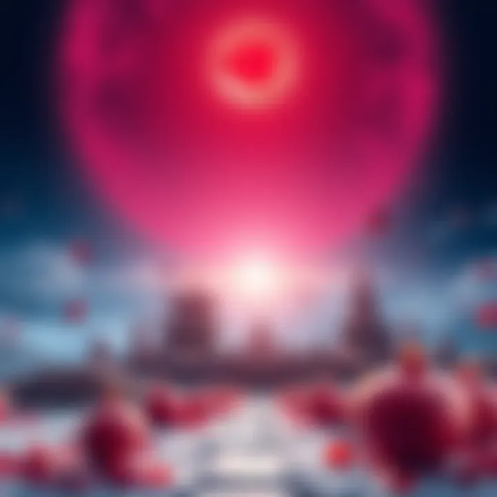 A serene landscape blending pomegranate motifs with symbols of Buddhism, inviting introspection and curiosity.