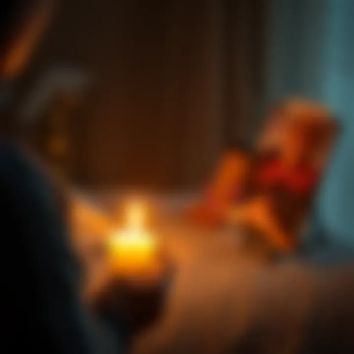 A person holding a candle while gazing at a photo of a loved one, surrounded by soft light.
