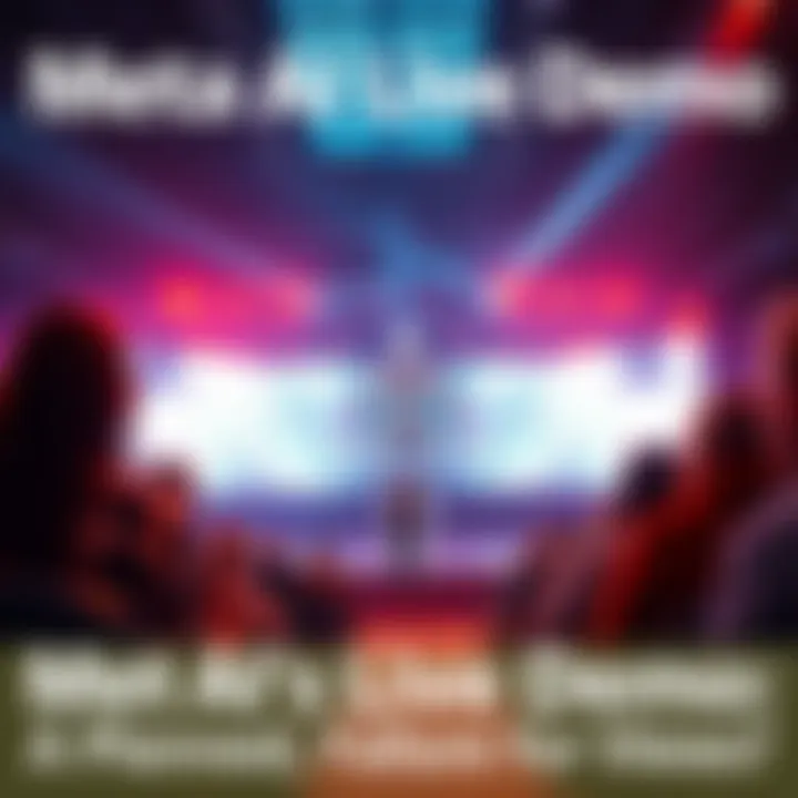 A scene showing Meta AI's live demonstration, showcasing a malfunctioning AI system and a perplexed audience reacting to the event.