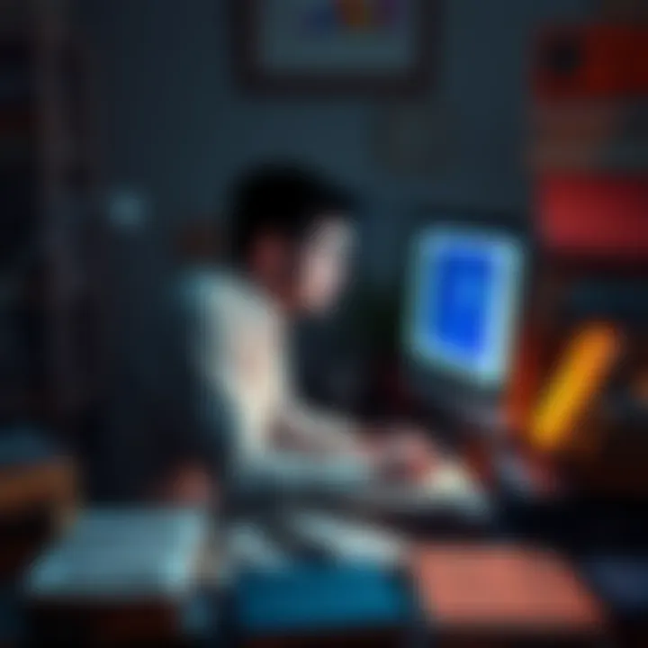A thoughtful person looking at a computer screen, surrounded by notes and books on solipsism, pondering questions of existence.