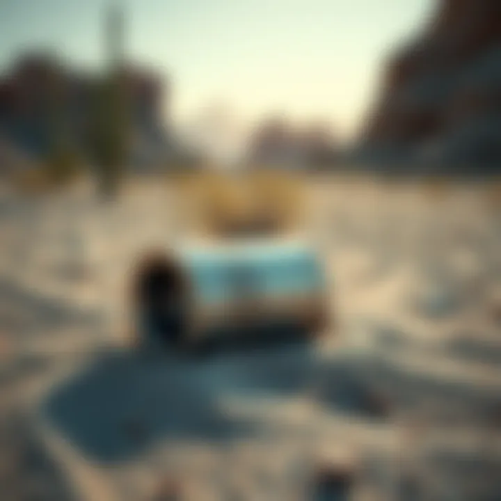 A shiny metal cylinder artifact sitting on sandy ground in the Las Vegas desert