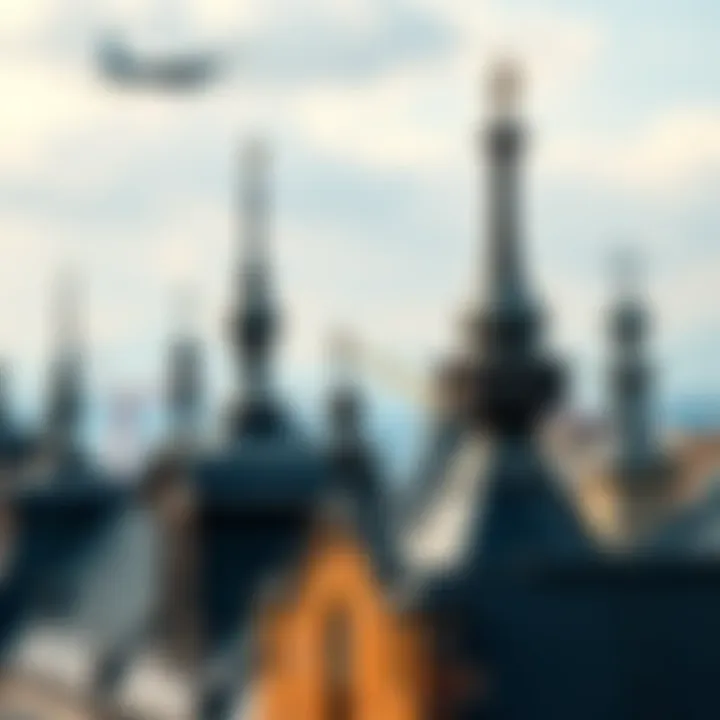 Metal Spires on Historic Buildings Close-up view of ornate metal spires on the rooftops of old buildings, showcasing their unique designs and craftsmanship.