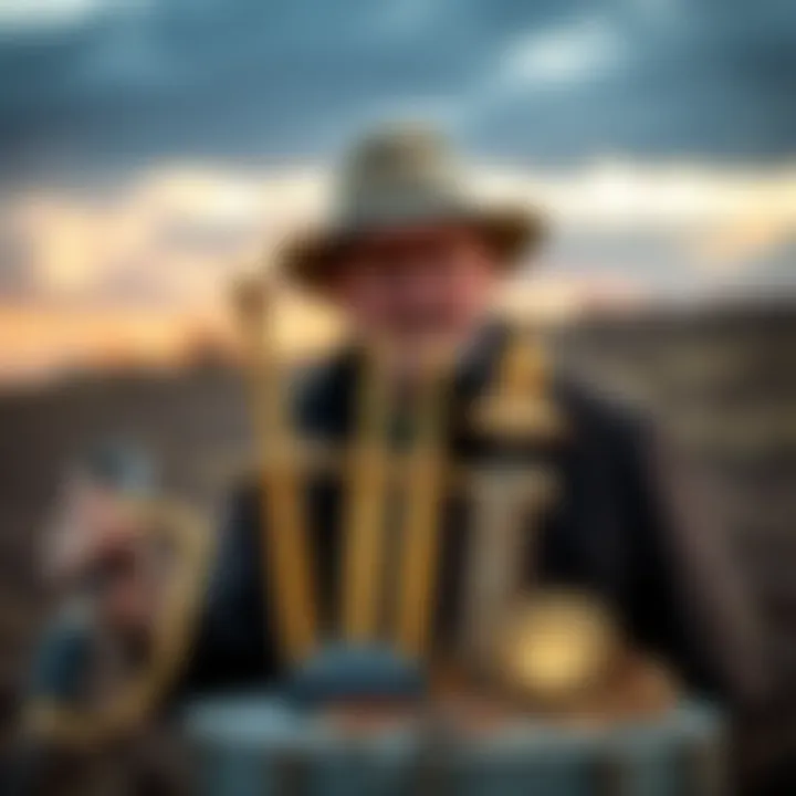 A metal detectorist shows off gold swords and artifacts found in a field, part of a Saxon treasure discovery.