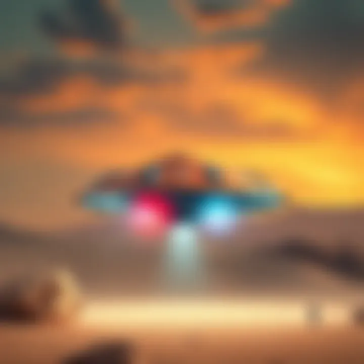 A metallic unidentified aerial phenomenon featuring ancient hieroglyphs, found in a desert landscape.