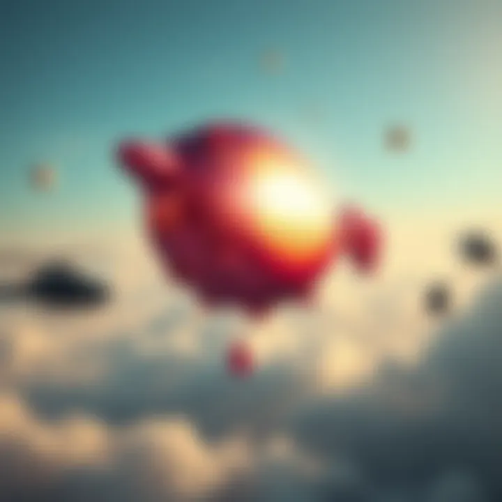 Metallic Object in the Sky A shiny, mento-shaped object floating in the sky, with nearby helicopters observing it.