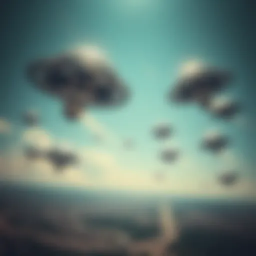 A clear view of a swarm of shiny metallic orbs flying in the sky above Curitiba, Brazil, showcasing their distinct trajectory.