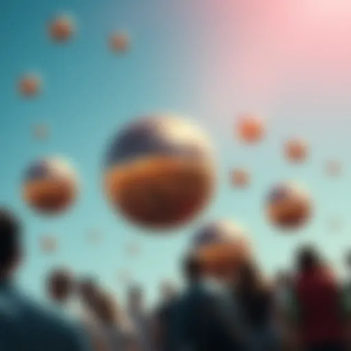 Several metallic orbs floating in a clear blue sky, observed by curious people below.