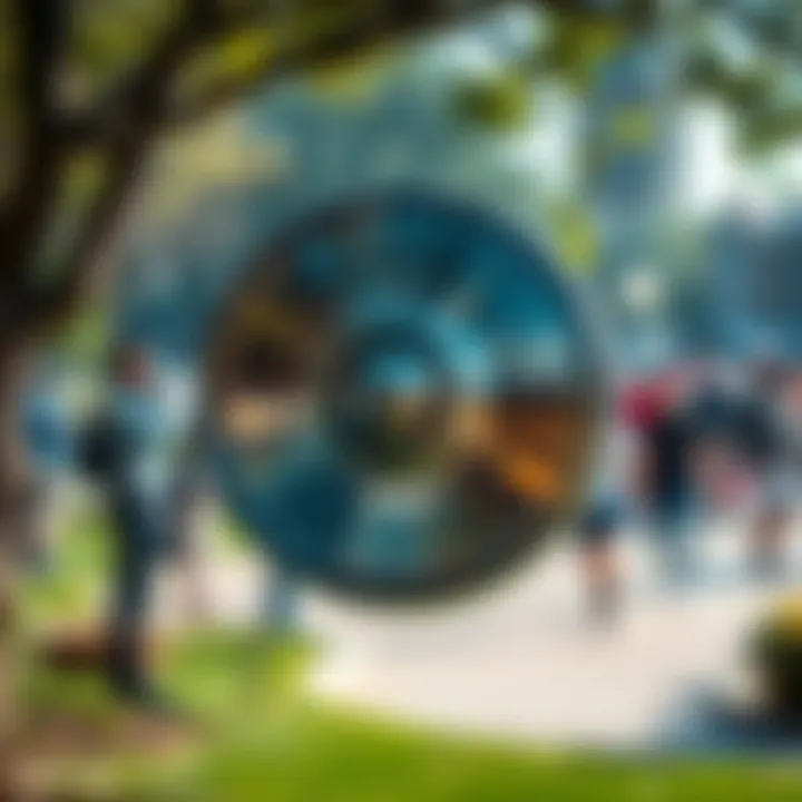 A shiny metallic object spinning in the air, capturing the attention of onlookers in a park setting.