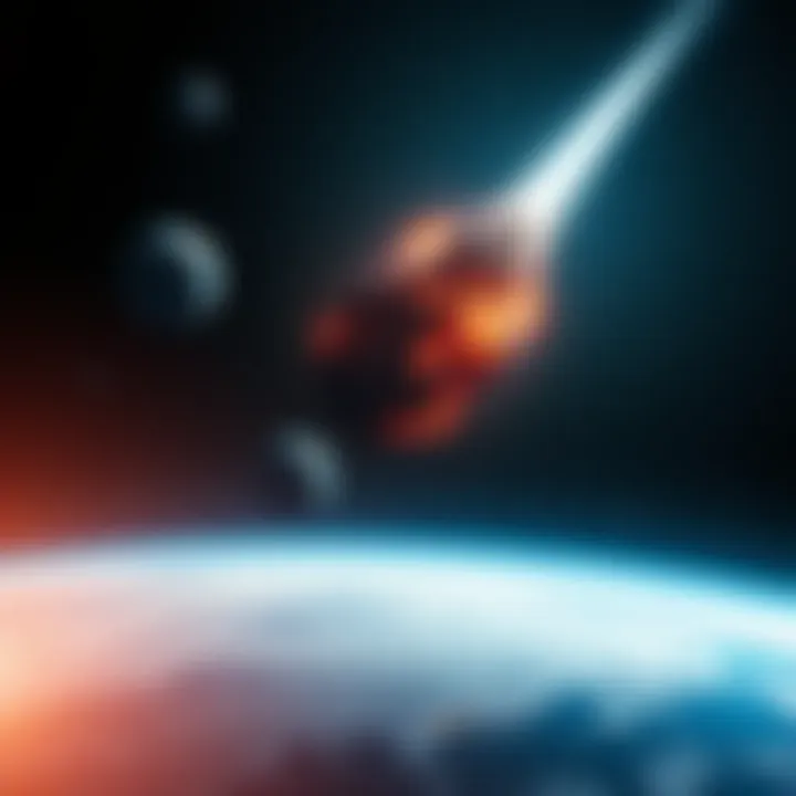 A dramatic view of a large meteor heading towards Earth, with a backdrop of other celestial bodies and a dark sky.