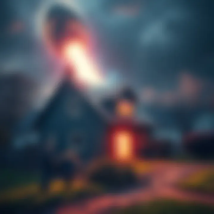 A meteor impacts a house in Koblenz, with debris scattered around and people looking on in surprise.