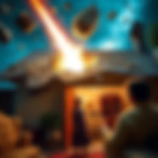 A grapefruit-sized meteorite has crashed through a roof, leaving a significant hole and debris scattered around. Inside the room, a woman looks surprised and shocked, showing signs of being struck but...