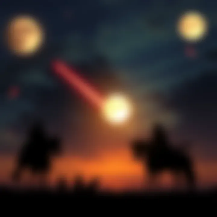 A surreal scene with meteorites falling from a dark sky, two bright moons shining above, and shadowy horsemen in the foreground