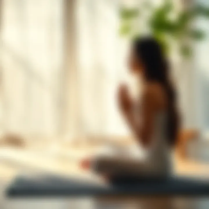 A person sitting cross-legged on a mat with hands in prayer position, surrounded by soft light and a serene environment, embodying loving-kindness meditation.